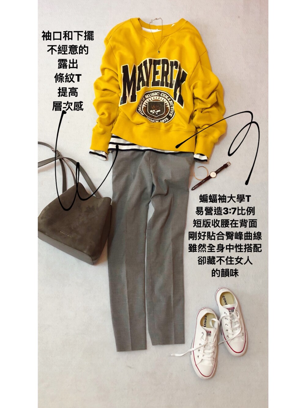 グレー系のスラックス、イエロー系のスウェットを着用したレディースの春コーディネートの1枚目の写真