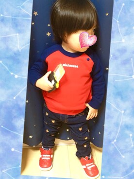「MIKI HOUSE（ミキハウス）のアイテム（デニムパンツ）」を使った、LOVE 365.mikihouseさん（キッズ・90cm）の春コーディネート