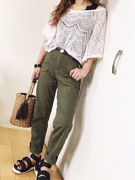 「レースタンク」｜めるもさん（レディース・158cm）の夏コーディネート