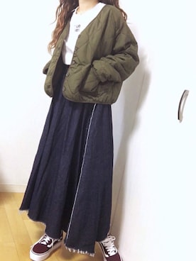 「マキシスカート」｜「アイテム（ノーカラージャケット）」を使った、めるもさん（レディース・158cm）の秋コーディネート