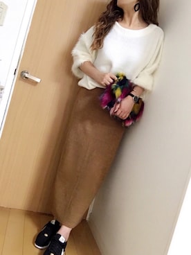 「GRL（グレイル）のニットタイトロングスカート（スカート）」を使った、めるもさん（レディース・158cm）の冬コーディネート