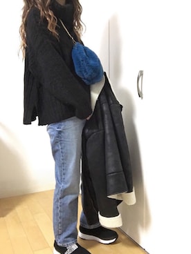 「ゆるニット」｜「アイテム（ライダースジャケット）」を使った、めるもさん（レディース・158cm）の冬コーディネート