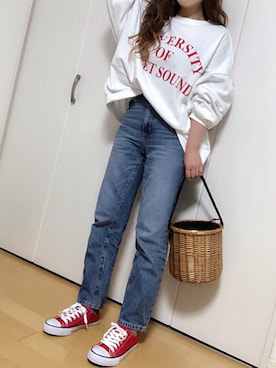 「ハイウエストストレートジーンズ」｜めるもさん（レディース・158cm）の春コーディネート