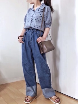 「PairPair（ペアペア）のドット＆花柄アソートカイキンシャツ（シャツ/ブラウス）」を使った、めるもさん（レディース・158cm）の夏コーディネート