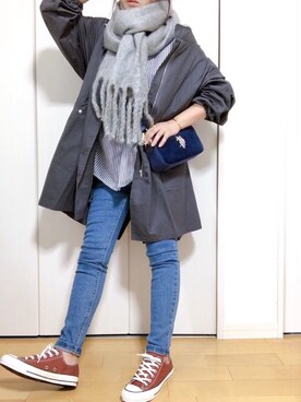 「JUNOAH（ジュノア）のアイテム（ブルゾン）」を使った、めるもさん（レディース・158cm）の秋コーディネート
