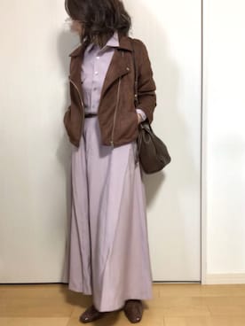 「ラベンダー」｜「アイテム（ライダースジャケット）」を使った、めるもさん（レディース・158cm）の春コーディネート