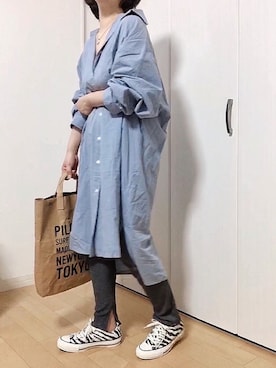 「サックスブルー」｜「アイテム（シャツワンピース）」を使った、めるもさん（レディース・158cm）の春コーディネート