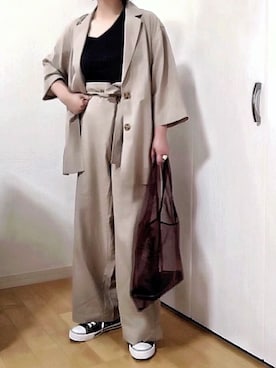 「ラップパンツ」｜「アイテム（セットアップ）」を使った、めるもさん（レディース・158cm）の春コーディネート