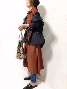 「サニーレーベル」｜「アイテム（シャツワンピース）」を使った、めるもさん（レディース・158cm）の秋コーディネート