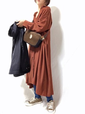 「サニーレーベル」｜「アイテム（シャツワンピース）」を使った、めるもさん（レディース・158cm）の秋コーディネート