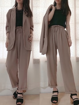 「部屋撮り」｜「アイテム（セットアップ）」を使った、𝐊𝐚𝐧𝐨𝐧さん（レディース・163cm）の春コーディネート