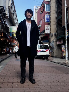 「junhashimoto（ジュンハシモト）のアイテム（ダウンジャケット/コート）」を使った、youhei ohashiさん（メンズ・180cm）の秋コーディネート