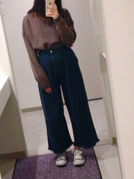 「MERLOT（メルロー）のウォッシュフリンジデニムワイドパンツ564-5527（デニムパンツ、グレー系）」を使った、ゆりしゃん🐻さん（レディース）の冬コーディネート