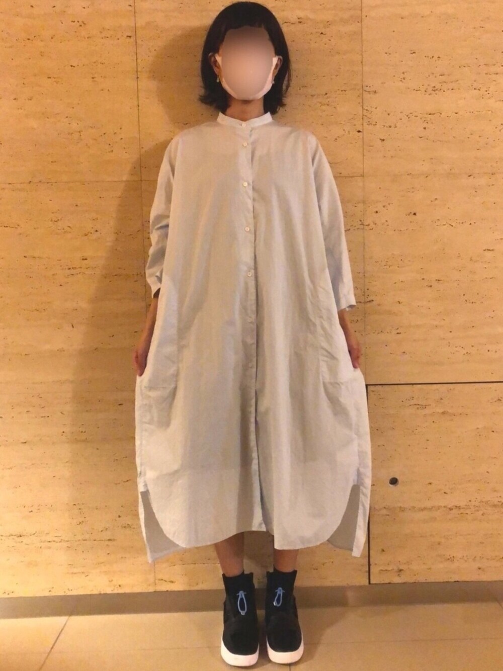 「シャツ好き集まれ、シャツワンピ、AMBIDEX、水色、夏、シンプルコーデ、シャツ」｜「yuniのキャッチワッシャー　バンドカラー　ワイドワンピース（ワンピース、ブルー系）」を使った、ゆさん（レディース・158cm）の夏コーディネートの1枚目の写真
