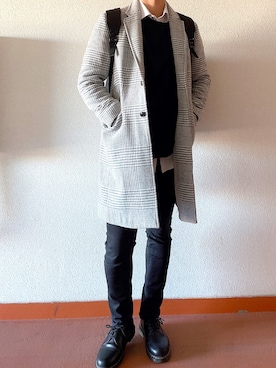 「JUNRED（ジュンレッド）のアイテム（チェスターコート）」を使った、マサさん（メンズ・180cm）の冬コーディネート