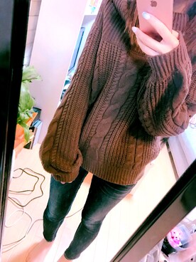 「GYDA（ジェイダ）のアイテム（ニット/セーター、ブラウン系）」を使った、⍢⃝さん（レディース・158cm）の春コーディネート