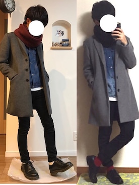 「コラボ」｜「アイテム（チェスターコート）」を使った、UCHYYさん（メンズ・172cm）の冬コーディネート
