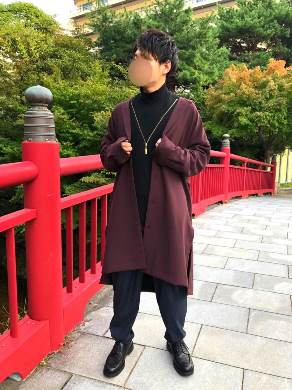 「ルイス(Lui's)、CULLNI、ハレ(HARE)、KLEMAN、シャツコート、ボルドー、ワインレッド、オシャレパッソ、モードすぎないモード、いいね、save、フォローお願いします🤑」｜「CULLNIの2018秋冬　 モックネックプルオーバー（スウェット、ブラック系）」を使った、Mikiyaさん（メンズ・168cm）の秋コーディネートの1枚目の写真
