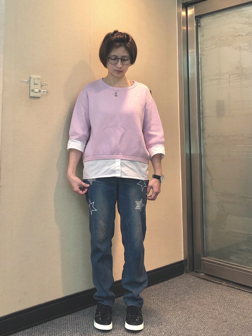 「Ditaのアイテム（ニット/セーター、ピンク系）」を使った、jNさん（レディース・158cm）の春コーディネートの1枚目の写真