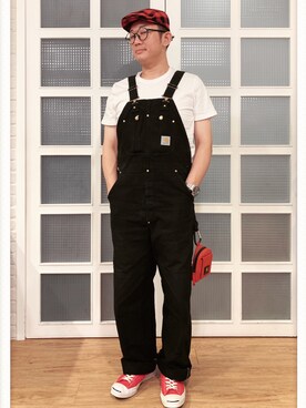 「Carhartt（カーハート）のアイテム（オールインワン・サロペット、ブラック系）」を使った、王志村さん（メンズ）の夏コーディネート