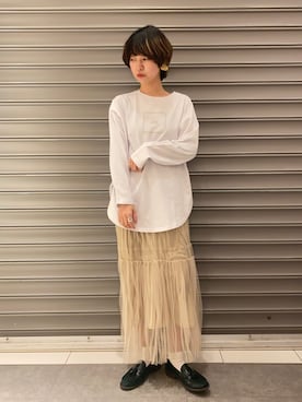 「アイテム（ローファー、グリーン系）」を使った、のっちさん（レディース・161cm）の春コーディネート