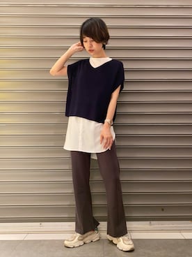 「earth music&ecology（アースミュージックアンドエコロジー）のアイテム（ニット/セーター）」を使った、のっちさん（レディース・162cm）の夏コーディネート