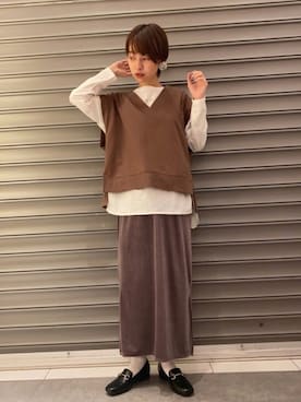 「earth music&ecology（アースミュージックアンドエコロジー）のスウェットベスト　＊（ベスト）」を使った、のっちさん（レディース・162cm）の秋コーディネート