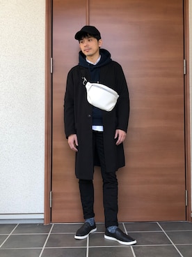 「MB（エムビー）のアイテム（チェスターコート）」を使った、いっちーさん（メンズ・169cm）の春コーディネート