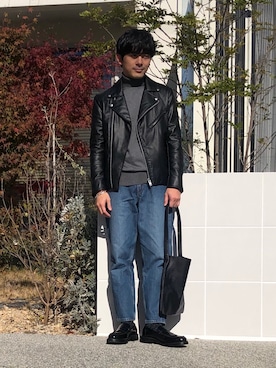 「UNIQLO U」｜「アイテム（ライダースジャケット）」を使った、いっちーさん（メンズ・169cm）の秋コーディネート