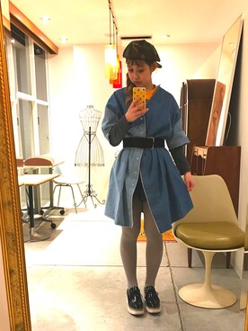 「KBF（ケイビーエフ）のKBF パッチワークデニムワンピース（ワンピース、ブルー系）」を使った、sho-ko さん（レディース・161cm）の春コーディネート