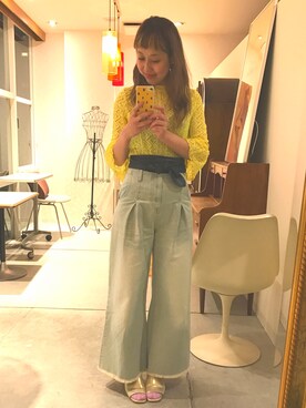 「mystic（ミスティック）のカットレースプルオーバー（Tシャツ/カットソー、イエロー系）」を使った、sho-ko さん（レディース・161cm）の春コーディネート