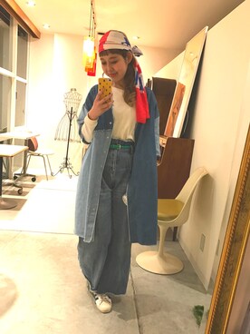 「KBF（ケイビーエフ）のKBF パッチワークデニムワンピース（ワンピース、ブルー系）」を使った、sho-ko さん（レディース・161cm）の春コーディネート