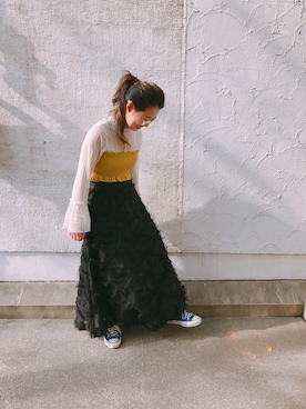 「Chico（チコ）のキャミビスチェ×レースロンT（Tシャツ/カットソー、レッド系）」を使った、sho-ko さん（レディース・161cm）の春コーディネート