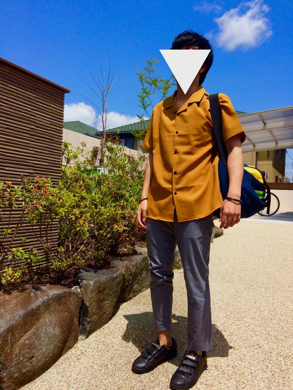 「からし色、オープンカラーシャツ、くるぶし丈、くるぶし出していきましょう、夏、休日スタイル、カジュアル」｜「DHOLICのアイテム（シャツ/ブラウス、イエロー系）」を使った、ry0P3さん（メンズ・170cm）の夏コーディネートの1枚目の写真