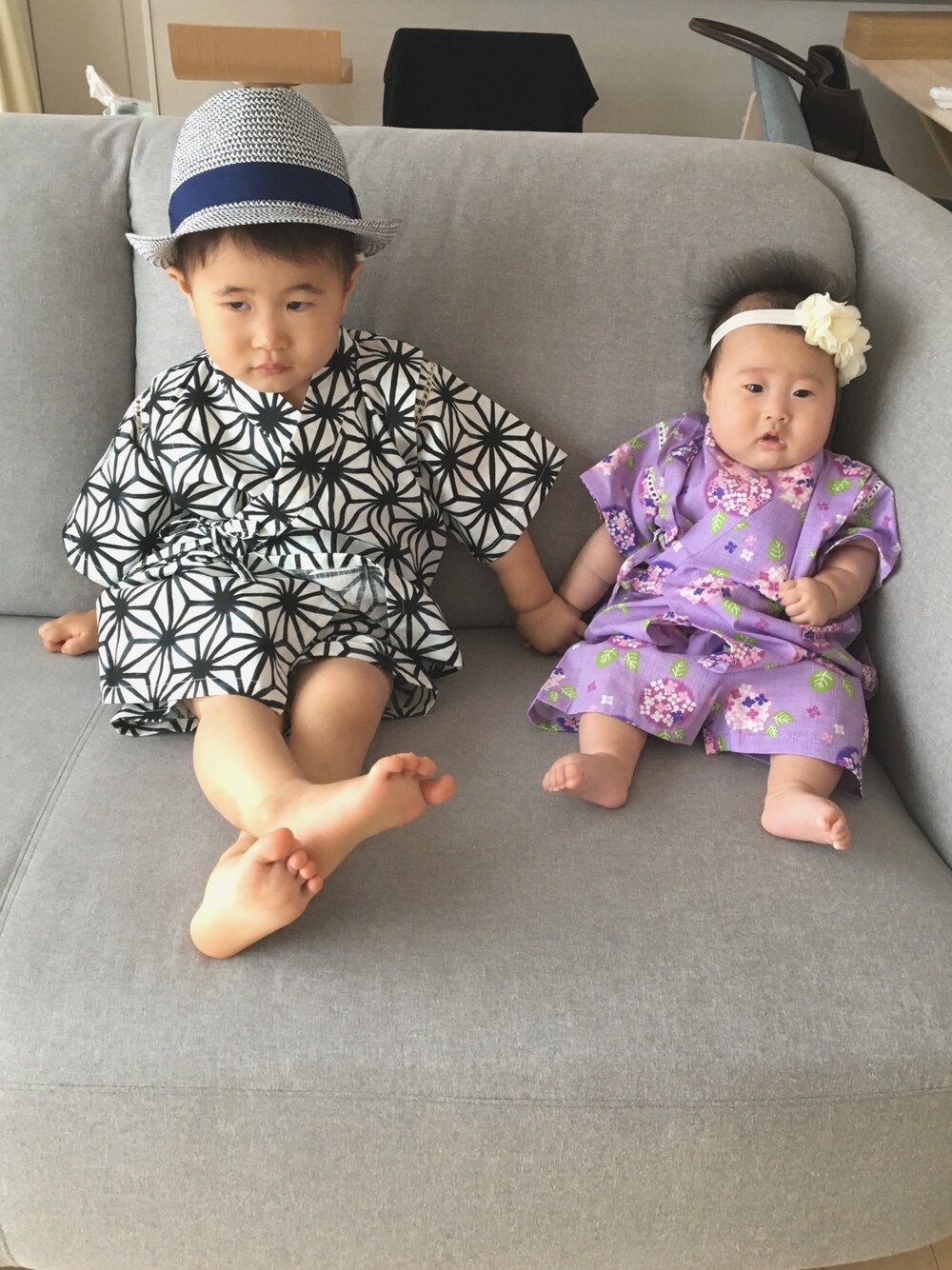「お祭り、甚平、西松屋、バースデイ、あじさい、ハット、ヘアバンド」｜「Birthdayのアイテム（浴衣、ブラック系）」を使った、SOU♡HINAさん（キッズ・80cm）の夏コーディネートの1枚目の写真