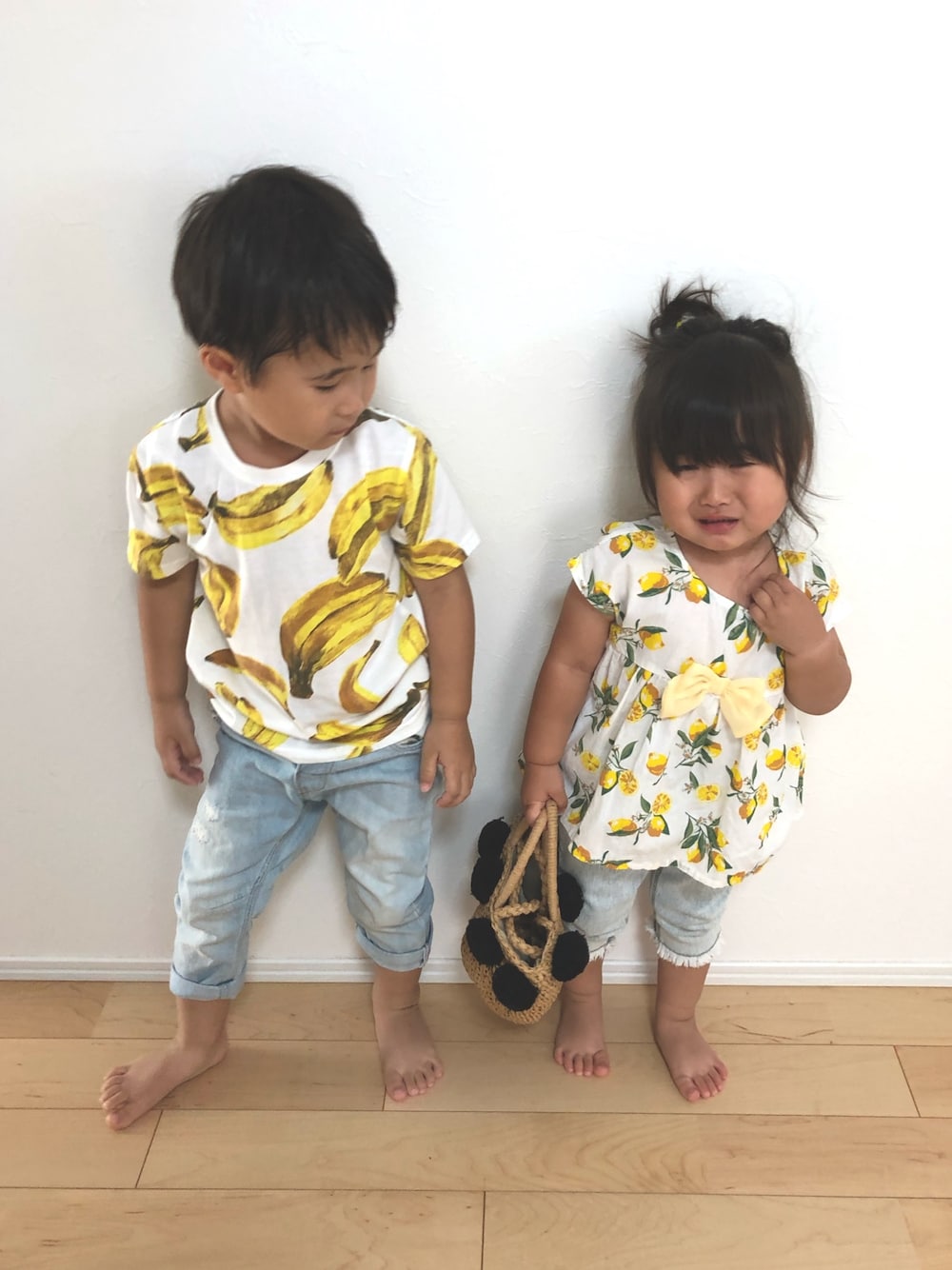「フルーツ柄、バナナ、レモン柄、デニムパンツ、かごバッグ、リンクコーデ、兄妹リンクコーデ」｜「★のアイテム（ラッピングキット、その他）」を使った、SOU♡HINAさん（キッズ・90cm）の夏コーディネートの1枚目の写真