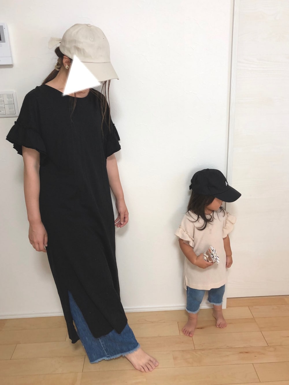 「キャップ女子、ワンピース、ワンピース×デニム、おそろいコーデ、リンクコーデ、母娘」｜「♡のアイテム（ラッピングキット、その他）」を使った、SOU♡HINAさん（キッズ・90cm）の夏コーディネートの1枚目の写真
