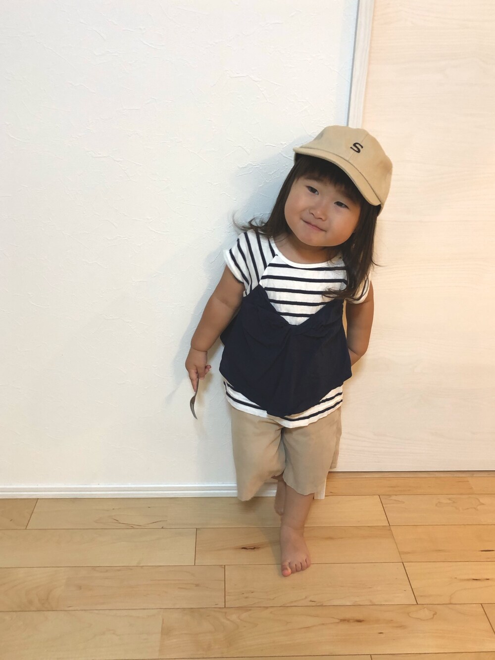 「キャップ、ビスチェ風、ワイドパンツ、ボーダートップス、ちびボーダー族、シンプル」｜「♡のアイテム（ラッピングキット、その他）」を使った、SOU♡HINAさん（キッズ・90cm）の夏コーディネートの1枚目の写真