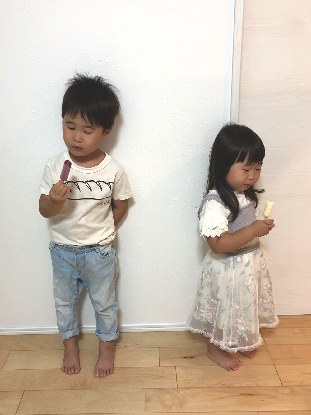 「パステルカラー、チュールスカート、ビスチェ、デニムパンツ、夏コーデ、モンミミ」｜「no brandのアイテム（スカート、グリーン系）」を使った、SOU♡HINAさん（キッズ・90cm）の夏コーディネートの1枚目の写真
