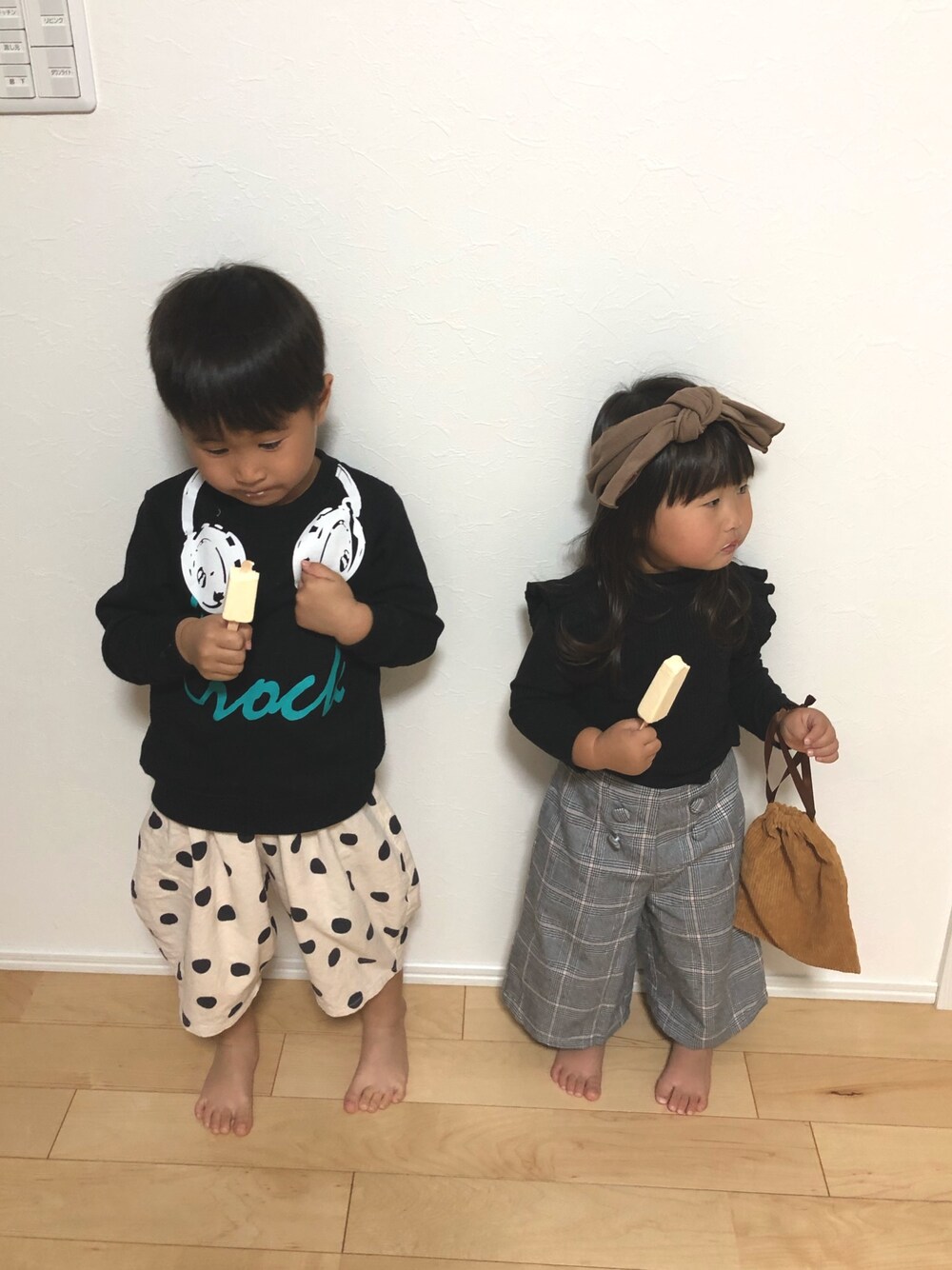 「秋服、グレンチェック、ドット、スウェット」｜「★のアイテム（ラッピングキット、その他）」を使った、SOU♡HINAさん（キッズ・90cm）の秋コーディネートの1枚目の写真