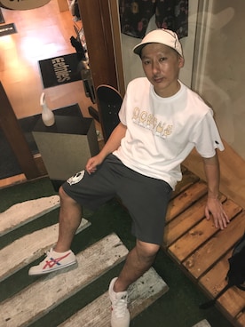 「DORCUS（ドウカス）のアイテム（帽子）」を使った、TATSUYA"VENIX"NOGAMIさん（メンズ・166cm）の夏コーディネート