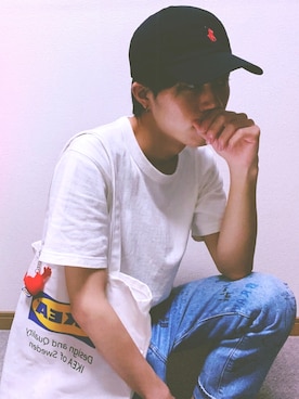 「UNIQLO（ユニクロ）のエアリズムコットンオーバーサイズTシャツ（5分袖）（Tシャツ/カットソー、ホワイト系）」を使った、𝗦𝗔𝗬 【セイ】さん（メンズ・173cm）の夏コーディネート