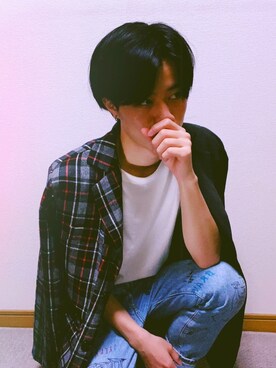 「古着屋のアイテム（テーラードジャケット、ブラック系）」を使った、𝗦𝗔𝗬 【セイ】さん（メンズ・173cm）の夏コーディネート