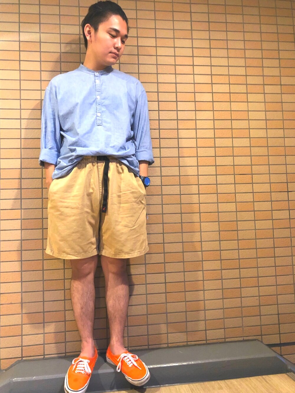 「はじめまして」｜「Gramicciの【GRAMICCI/グラミチ】ST-SHORTS/スタンダードショーツ（その他パンツ、ベージュ系）」を使った、だいくんさん（メンズ・168cm）の夏コーディネートの1枚目の写真