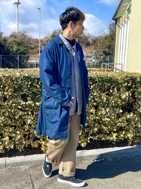 「coen（コーエン）のアイテム（ステンカラーコート）」を使った、さとうじゅんさん（メンズ・175cm）の冬コーディネート