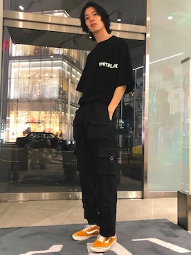 「WHITELAND（ホワイトランド）のWHITELAND/ホワイトランド/BIG LOGO T-SHIRTS（Tシャツ/カットソー、ブラック系）」を使った、Junya  Awajiさん（メンズ・184cm）の夏コーディネート