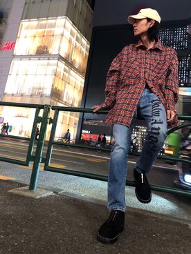 「DANKE SCHON（ダンケシェーン）のDankeSchon/ダンケシェーン/ネックスリットツイードチェックシャツ（シャツ/ブラウス、ブルー系）」を使った、Junya  Awajiさん（メンズ・184cm）の秋コーディネート