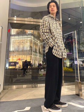 「DANKE SCHON（ダンケシェーン）のDankeSchon/ダンケシェーン/ツイードチェックシャツ（シャツ/ブラウス、イエロー系）」を使った、Junya  Awajiさん（メンズ・184cm）の冬コーディネート