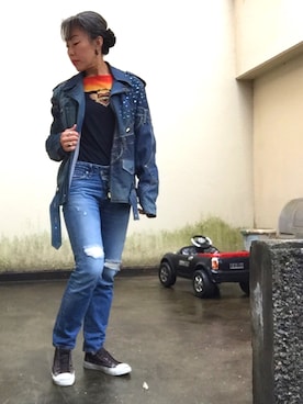 「paper（ペーパー）のアイテム（ライダースジャケット）」を使った、Jules Takagishiさん（レディース・164cm）の春コーディネート