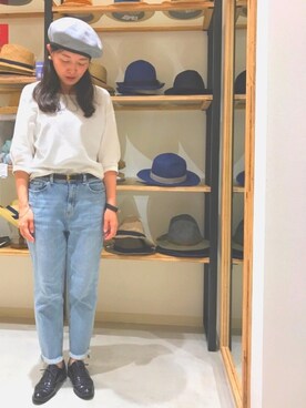 「アパレルスタッフ」｜「アイテム（ハンチング/ベレー帽）」を使った、14+ イオンSENRITO専門館店 スタッフさん（レディース・156cm）の夏コーディネート